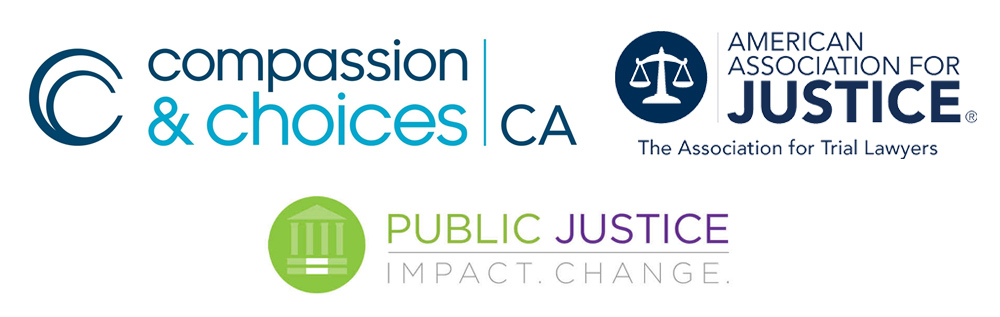 Compassion & Choices California, American Association For Justice and Public Justice logos